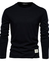 Close-up of the crew neckline and stitched edge detail