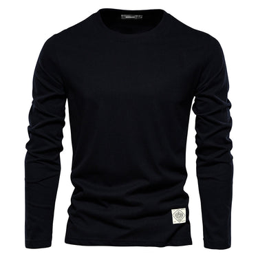 Close-up of the crew neckline and stitched edge detail