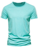 Three-quarter front view of a plain round neck T-shirt
