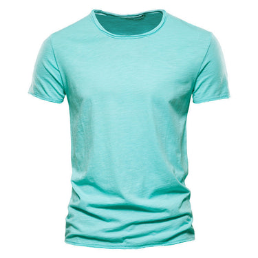 Three-quarter front view of a plain round neck T-shirt