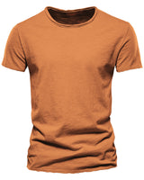 Model wearing a plain short-sleeved round neck T-shirt