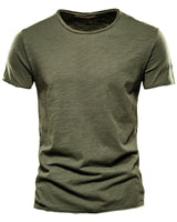 Back view of a plain short-sleeved round neck T-shirt