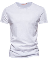Detail shot of the stitched hem on a plain T-shirt