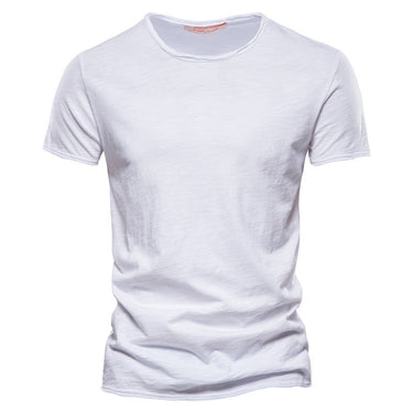 Detail shot of the stitched hem on a plain T-shirt