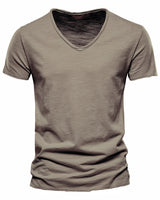 Front view of a plain men's V-neck T-shirt with short sleeves