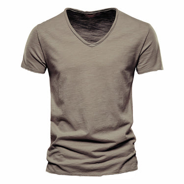Front view of a plain men's V-neck T-shirt with short sleeves