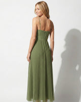 Pleated Corset Midi Dress with Spaghetti Straps