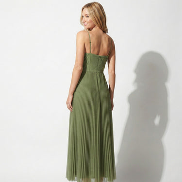 Pleated Corset Midi Dress with Spaghetti Straps