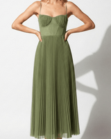 Pleated Corset Midi Dress with Spaghetti Straps