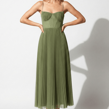 Pleated Corset Midi Dress with Spaghetti Straps