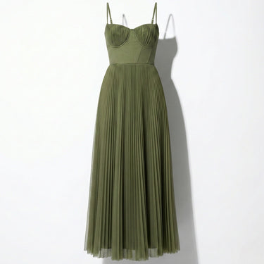 Pleated Corset Midi Dress with Spaghetti Straps