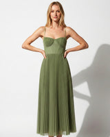 Pleated Corset Midi Dress with Spaghetti Straps
