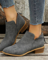 Close-up of pointed toe and V-cut ankle opening on suede boots