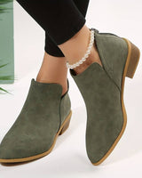 Pointed toe suede ankle boots with V-cut opening and block heel, side view