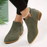 Pointed toe suede ankle boots with V-cut opening and block heel, side view