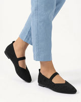 Close-up of pointed toe and knit texture on Mary Jane flat