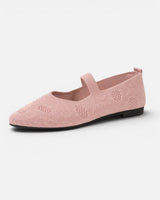 Front view of flat ballet shoe with knitted upper and Mary Jane strap