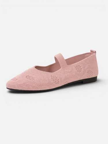 Front view of flat ballet shoe with knitted upper and Mary Jane strap