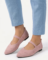 Rear view of knitted Mary Jane ballet flat showing heel