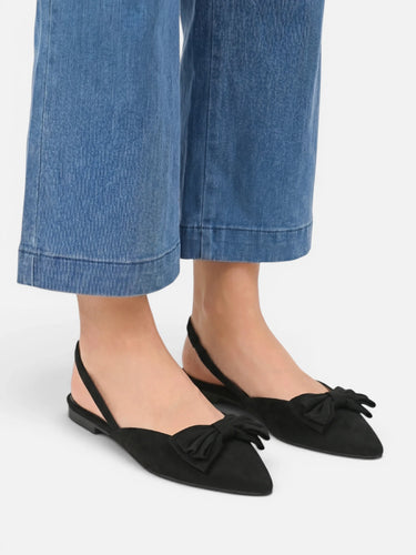 Overhead view of slingback ballet flat showing pointed toe and bow