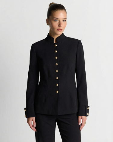 Polished Women's High Neck Blazer With Gold Button Front