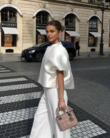 Puff Sleeve Satin Blouse with Round Neckline
