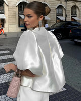 Puff Sleeve Satin Blouse with Round Neckline