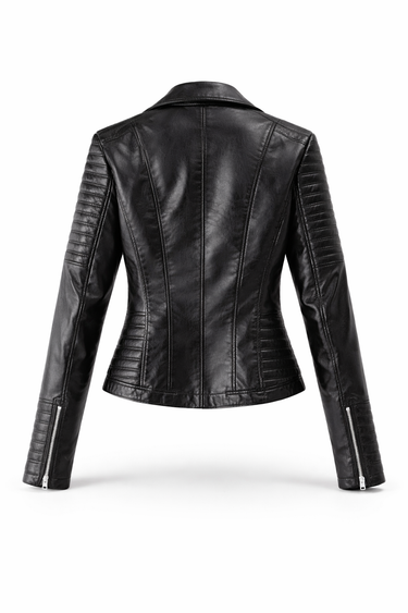 Quilted Leather Biker Jacket with Asymmetric Zip and Ribbed Panels