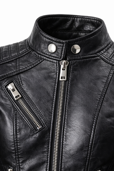 Quilted Leather Biker Jacket with Asymmetric Zip and Ribbed Panels