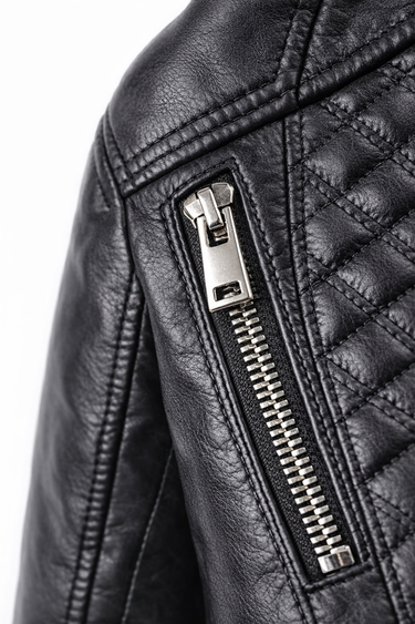 Quilted Leather Biker Jacket with Asymmetric Zip and Ribbed Panels