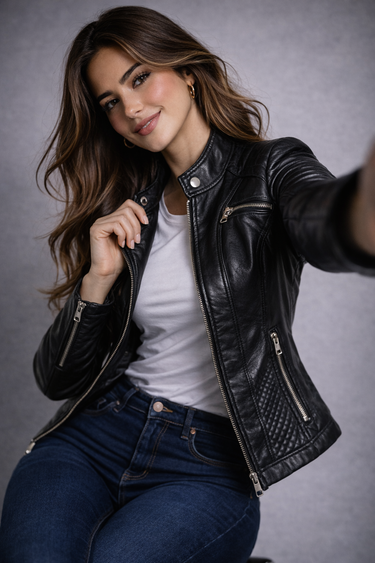 Ribbed quilted panel detail on the upper arm of a leather jacket