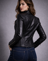 Snap-down lapel detail on a women's leather biker jacket
