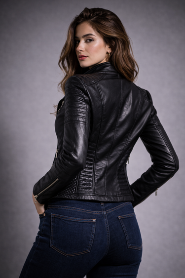 Snap-down lapel detail on a women's leather biker jacket