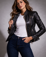 Rear view of a quilted leather biker jacket showing back panelling