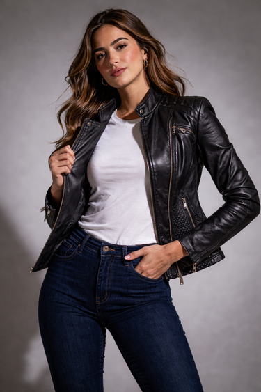 Rear view of a quilted leather biker jacket showing back panelling