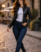 Side view of a short fitted women's leather biker jacket