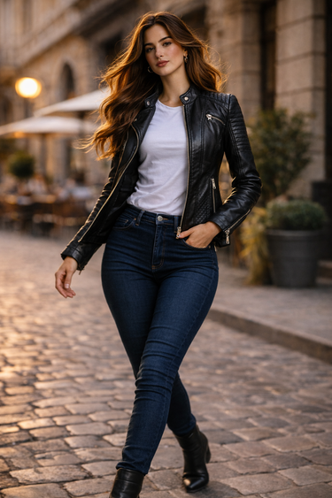 Side view of a short fitted women's leather biker jacket