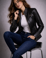 Zipped cuff detail with silver-tone hardware on a leather jacket