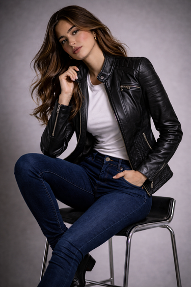 Zipped cuff detail with silver-tone hardware on a leather jacket