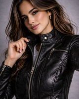 Close-up of the collar and lapel on a quilted leather biker jacket