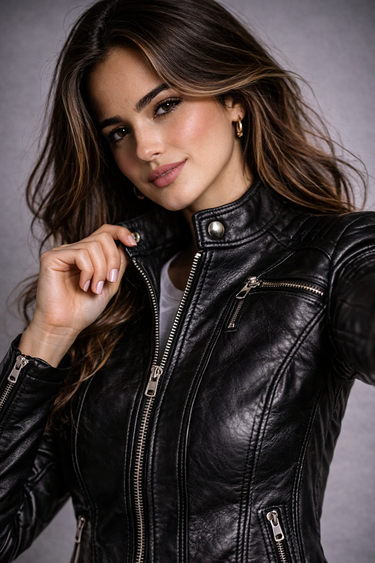 Close-up of the collar and lapel on a quilted leather biker jacket