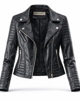 Front view of a women's quilted leather biker jacket with asymmetric zip
