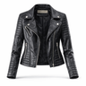 Front view of a women's quilted leather biker jacket with asymmetric zip