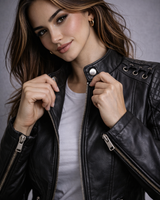 Full-length view of the quilted leather biker jacket styled with trousers