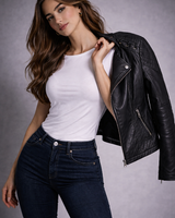 Quilted Leather Biker Jacket with Diamond Panels and Zip Detail