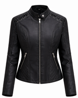 Quilted Leather Biker Jacket with Diamond Panels and Zip Detail
