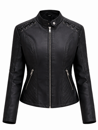 Quilted Leather Biker Jacket with Diamond Panels and Zip Detail