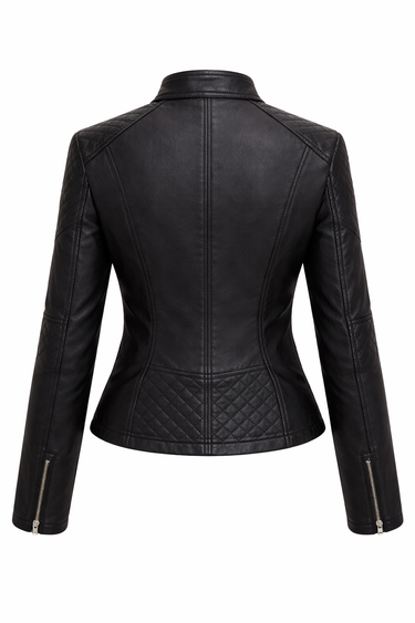 Quilted Leather Biker Jacket with Diamond Panels and Zip Detail