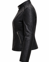 Quilted Leather Biker Jacket with Diamond Panels and Zip Detail