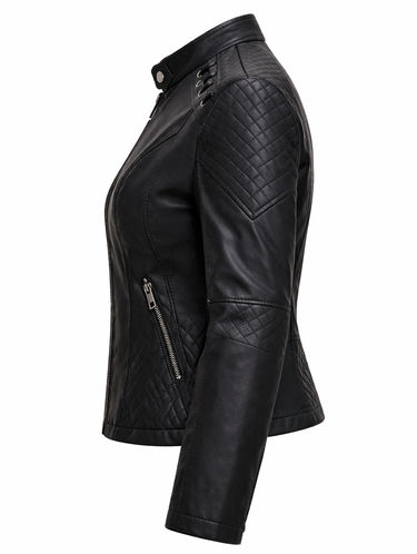 Quilted Leather Biker Jacket with Diamond Panels and Zip Detail